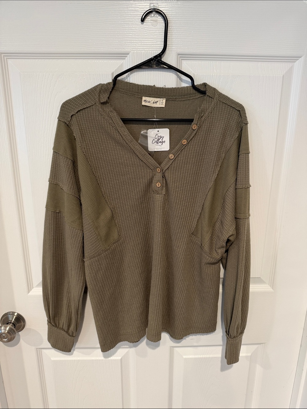 Olive Waffle Knit Henley - Long Sleeve